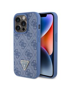 LICENSED GUESS Maska za iPhone 15 Pro LEATHER 4G TRIANGLE STRASS, plava - 200859-1