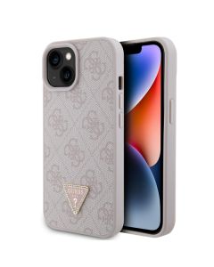 LICENSED GUESS GUESS maska za iPhone 15 LEATHER 4G TRIANGLE STRASS, roza - GUHCP15SP4TDPP