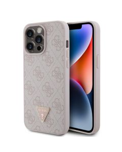LICENSED GUESS GUESS maska za iPhone 15 Pro Max LEATHER 4G TRIANGLE STRASS, roza - GUHCP15XP4TDPP