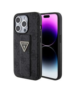 LICENSED GUESS GUESS maska za iPhone 15 Pro GRIPSTAND 4G TRIANGLE STRASS, crna - GUHCP15LPGS4TDK