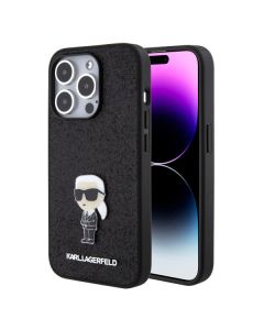LICENSED KARL LAGERFELD maska za iPhone 15 Pro IKONIK FIXED GLITTER IKONIK LOGO METAL PIN, crna - KLHCP15LGKNPSK