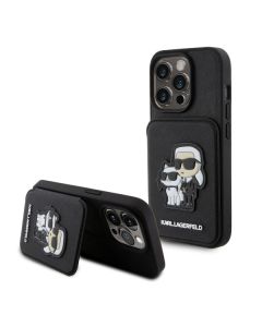 LICENSED KARL LAGERFELD Maska za iPhone 15 Pro SAFFIANO CARDSLOTS AND STAND K&C PATCH, crna - 200837-1