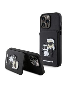 LICENSED KARL LAGERFELD Maska za iPhone 15 Pro Max SAFFIANO CARDSLOTS AND STAND K&C PATCH, crna - 200839-1