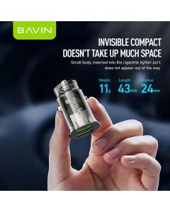 BAVIN Auto punjač 2.4A Dual 2xUSB-A + kabl type-A na type-C, crna
