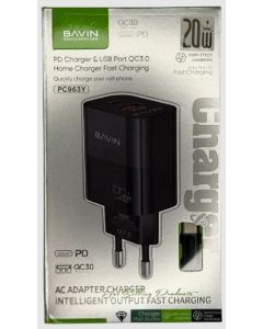 BAVIN Punjač 20W PD Usb A/Type C + kabl C-C PC963Y-CC, crna