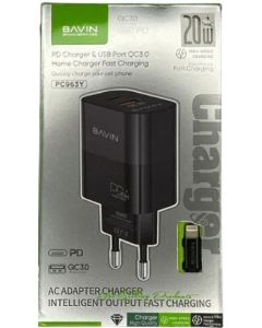 BAVIN Punjač 20W PD Usb A/Type C + kabl C-IOS PC963Y-PD, crna