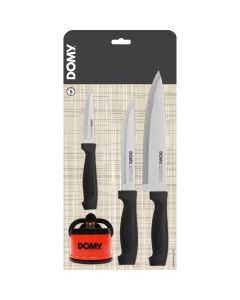 DOMY Set noževa 3/1 i oštrač - Kuhinjski nož 20cm, Višenamenski nož 14cm, Nož za ljuštenje 9cm