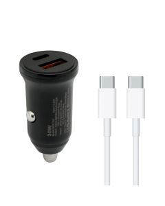 Auto Punjač 30W USB-A + Type-C ulaz sa Type-C na Type-C kablom, siva - A720