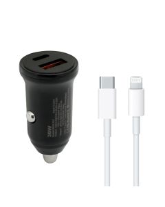 Auto Punjač 30W USB-A + Type-C ulaz sa Type-C na Lightning kablom, siva - A721