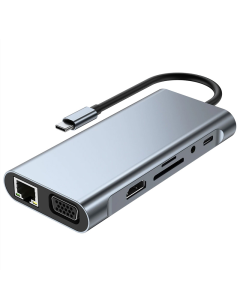 Adapter Type C na LAN Gb, SD card, TF, Type C, 3xUSB 3.0, Audio, HDMI i VGA 10 u 1 20cm kabl - 207957-1