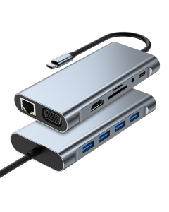 Adapter Type C na LAN Gb, SD card, TF, Type C, 4xUSB 3.0, Audio, HDMI i VGA 11 u 1 20cm kabl - 207963-1