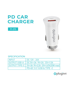 Auto punjač Pluginn PI-21S PD 20W QC 3.0 18W beli