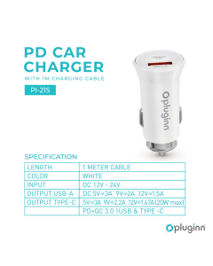 Auto punjač Pluginn PI-21S PD 20W QC 3.0 18W sa USB na iPhone Lightning kabel