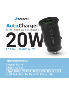Auto punjač Teracell Evolution TC-10 PD 20W, USB QC3.0 15W sa Lightning kablom crni - 601281