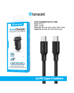 Auto punjač Teracell Evolution TC-13 PD 30W + USB QC3.0 18W, 48W (total) sa PD Type-C kablom crni - 601408