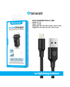 Auto punjač Teracell Evolution TC-13 PD 30W + USB QC3.0 18W, 48W (total) sa Lightning kablom crni - 601406