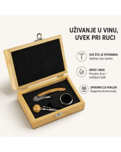 Vinski set ROSE 3u1 u drvenoj kutiji - vadičep, čep i prsten, poklon set