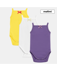 Mafimi Pamučni Bodići na bretele za bebe i decu set od 3 - žuta, bela, ljubičasta - P-119056