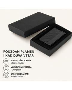 Metalni upaljač LORD - turbo (džet) plamen, otporan na vetar, punjiv, poklon kutija, crni