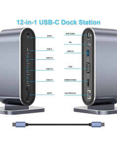 Docking station / HUB Type-C na LAN Gb, SD card, TF, PD, Type-C, 4xUSB 3.0, Audio, HDMI i VGA 12 u 1 sa postoljem - 615983