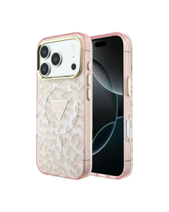 Maska za iPhone 17 Pro/ 18 Pro Guess IML Leopard Glitter Triangle MagSafe pink