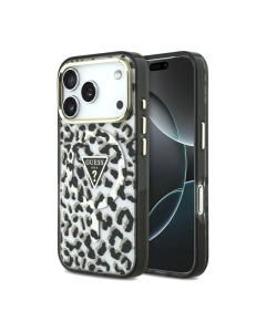 Maska za iPhone 17 Pro/ 18 Pro Guess IML Leopard Glitter Triangle MagSafe crna