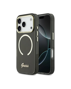 Maska za iPhone 17 Pro Guess IML Script Metal MagSafe crna
