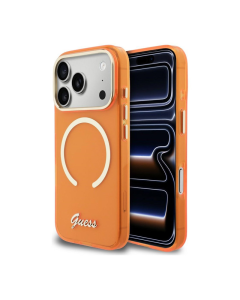 Maska za iPhone 17 Pro Max narandžasta Guess IML Script Metal MagSafe