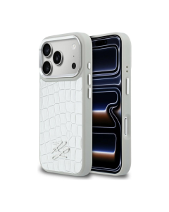 Maska za iPhone 17 Pro Karl Lagerfeld Croco KL Script Logo MagSafe srebrna