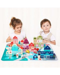 ECO TOYS Edukativne drvene kocke sa podlogom Grad, 121 deo - MA427