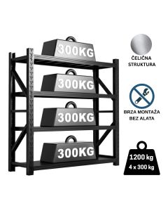 ePRO metalna montažna polica professional 200x200x60cm, metal-metal, 1.200kg (4x300kg) crna