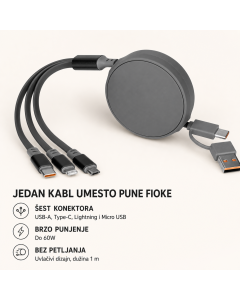 USB kabl ONES 6u1 - Type-C/USB na Type-C, Lightning i Micro USB, 60W, uvlačivi, sivi