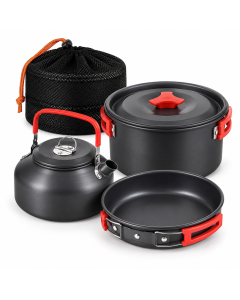 Set posuđa za kampovanje, sklopivi, aluminijum, sivi sa crvenim detaljima