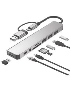 A-CM-COMBO8-06 ** Gembird USB-A + USB-C multi-port 8-in-1 USB3.0+USB2.0+SD+3.5mm+Data (759)