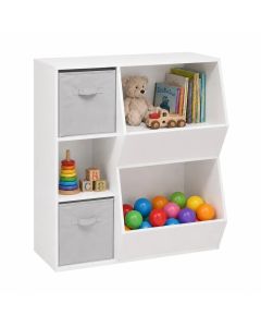 KINDER HOME Dečija polica za knjige, organizator za knjige i igračke sa 2 tekstilne kutije, bela