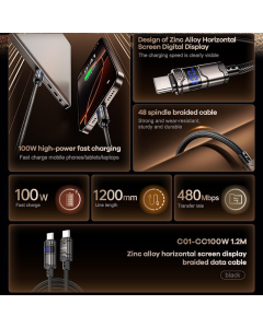 Kabel Remax C01 ZINC Alloy braided Type-C na Type-C 100w sa ekranom 1,2m crni - 615490