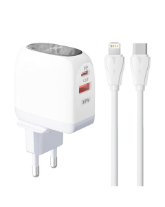 Kucni punjac LDNIO A2522C QC3.0, PD, PPS, LED Display, 30W sa Type C na iPhone lightning kablom beli - 216151-1