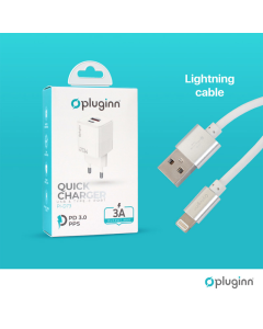 Kućni punjač Pluginn PI-D73, QC3.0 PD3.0, PPS, USB-PD 18W+20W, 38W (total) sa kablom Type-C na iPhone Lightning beli - 059426