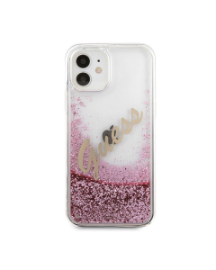 Maska za iPhone 12 mini Guess Faceplate Liquid Glitter Vintage Script pink - GUHCP12SGLVSPI