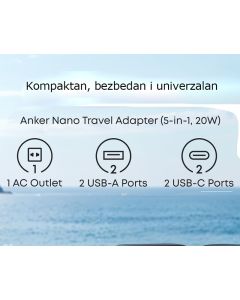 ANKER Nano 20W putni zidni punjač 5-portova (2x USB-A, 2x USB-C, utičnica), crni