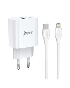 SUPERIOR Kućni punjač SU-P102 20W USB A+Type C sa Type C na Lightning kablom, bela - P1223