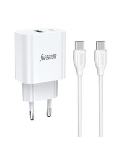 SUPERIOR Kućni punjač SU-P102 20W USB A+Type C sa Type C na Type C kablom, bela - P1224