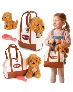 ECO TOYS Plišana igračka za decu, štene brown poodle, torba + četka za negu