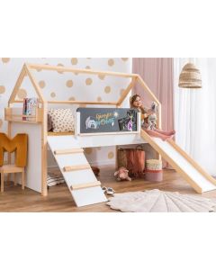 KINDER HOME Montesori kućica za dečiji krevet, dvospratna, tobogan, crna tabla, ram dušeka 90x200cm - SRK-20