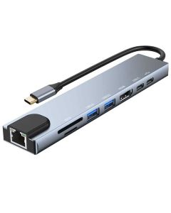 USB Hub Type C 8u1 4K HDMI SD/TF USB-C PD 100M RJ - 55-078