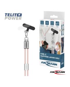 ANSMANN USB-C na USB-C kabl Lanyard – 120cm, 60W, roze, praktičan za nošenje