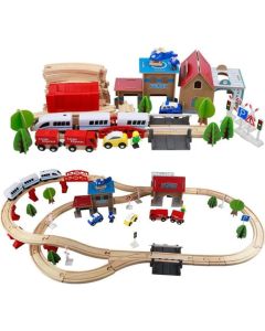 Dečiji drveni voz KINDER HOME, 88 delova, lokomotiva sa baterijom, 3+