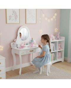 ECO TOYS Veliki drveni toaletni sto za decu sa ogledalom i roze dodacima, ecotoys