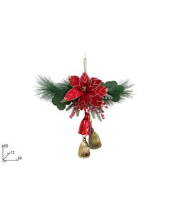 Novogodišnji ukras sa 3 zvončića i crvenim baršunastim cvetom
