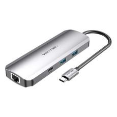 USB Hub 9 u 1 USB-C na HDMI/USB-C/USB x2/RJ45/SD/TF/TRRS/3,5mm, sivi
